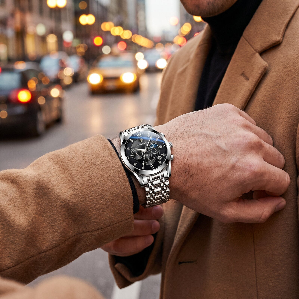 Poedagar Elite Empyrean black on the wrist, checking the time in a city street