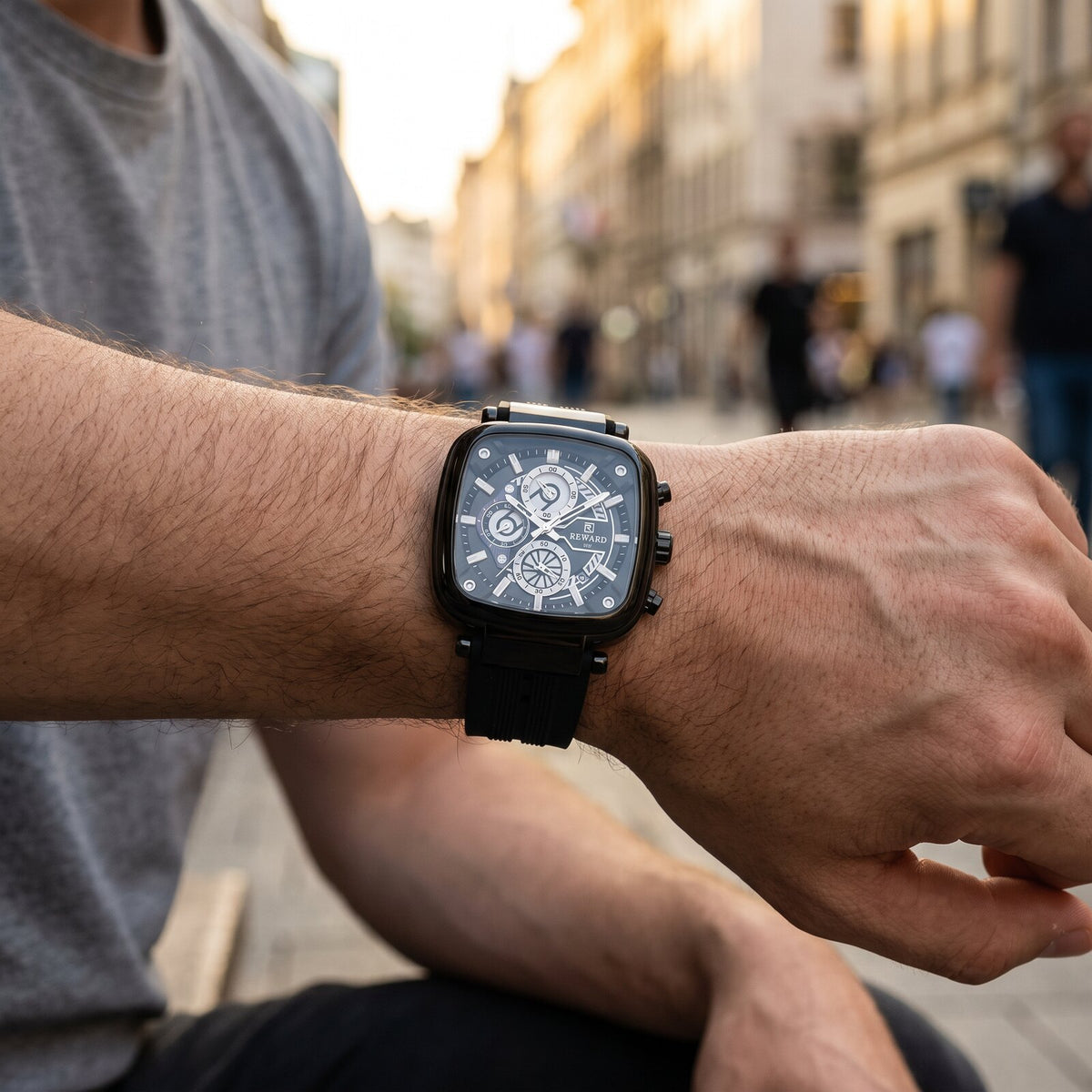 Reward Square Chronograph black on wrist street