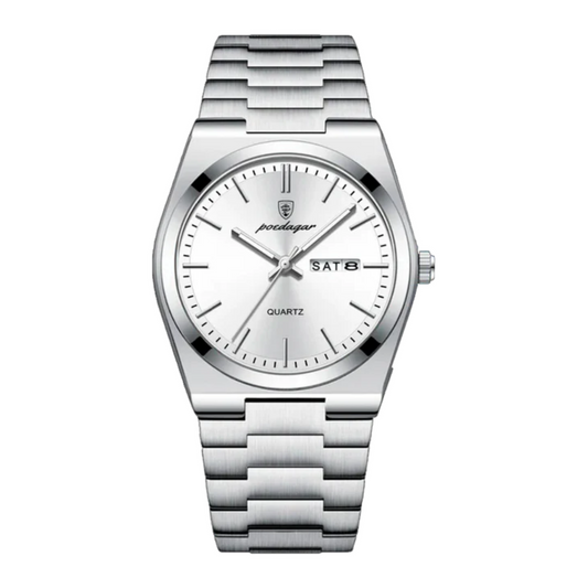 Poedagar Essenza White: 40 mm men's watch with silver-white sunray dial and integrated steel bracelet