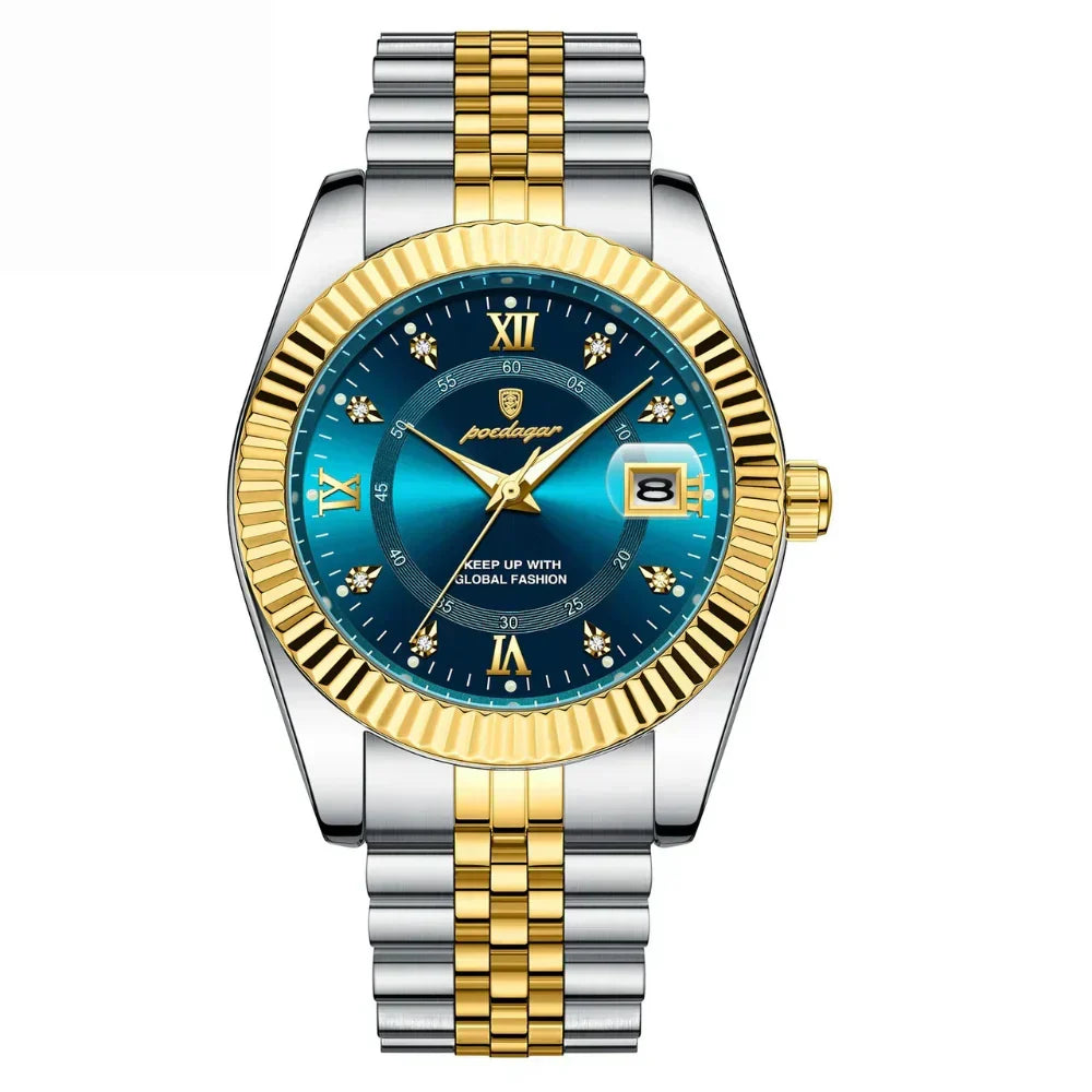 Poedagar GoldenStar Blue: two-tone men's watch with teal-blue sunray dial and gold fluted bezel
