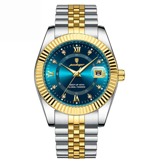 Poedagar GoldenStar Blue: two-tone men's watch with teal-blue sunray dial and gold fluted bezel