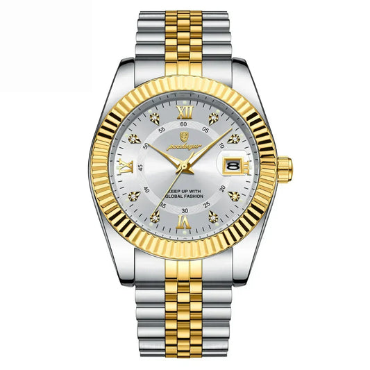 Poedagar GoldenStar White: two-tone men's watch with silver-white sunray dial and gold fluted bezel