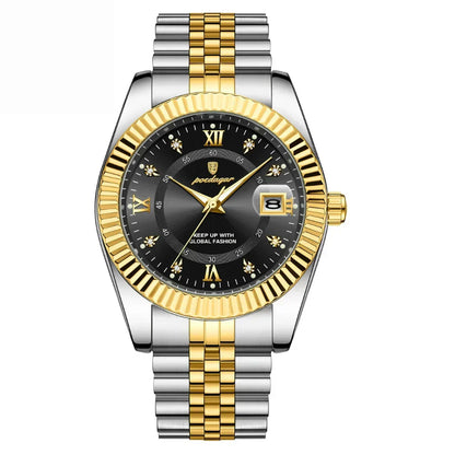 Poedagar GoldenStar Black: two-tone men's watch with black sunray dial and gold fluted bezel