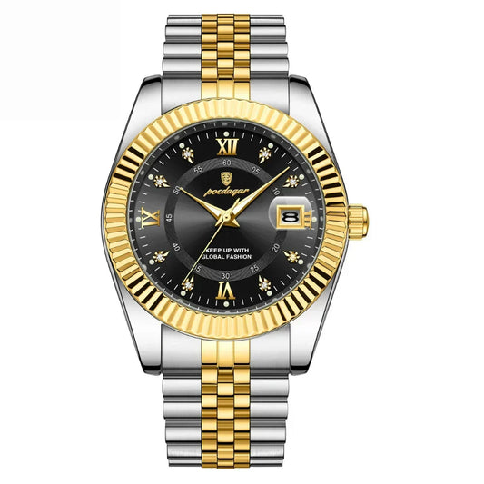 Poedagar GoldenStar Black: two-tone men's watch with black sunray dial and gold fluted bezel