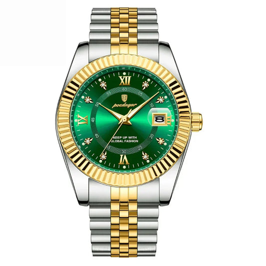 Poedagar GoldenStar Green: two-tone men's watch with emerald green sunray dial and gold fluted bezel