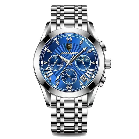 Poedagar Elite Empyrean Aqua: quartz chronograph with bright blue dial and steel bracelet
