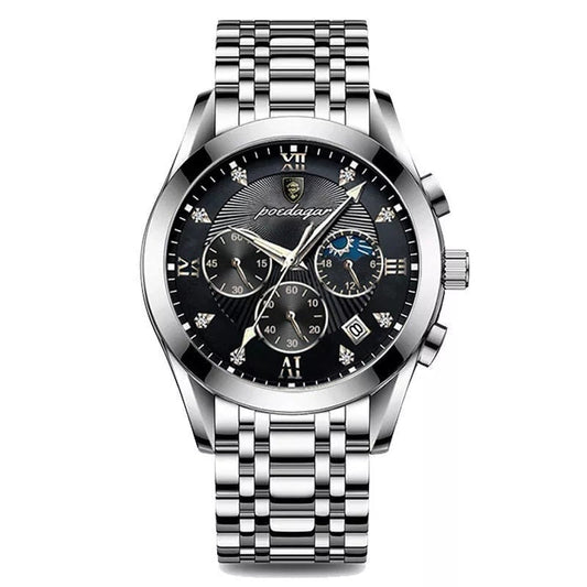 Poedagar Elite Empyrean Black: quartz chronograph with black dial and steel bracelet