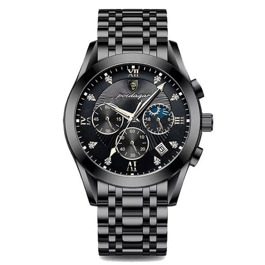 Poedagar Elite Empyrean Dark: quartz chronograph with black dial and steel bracelet