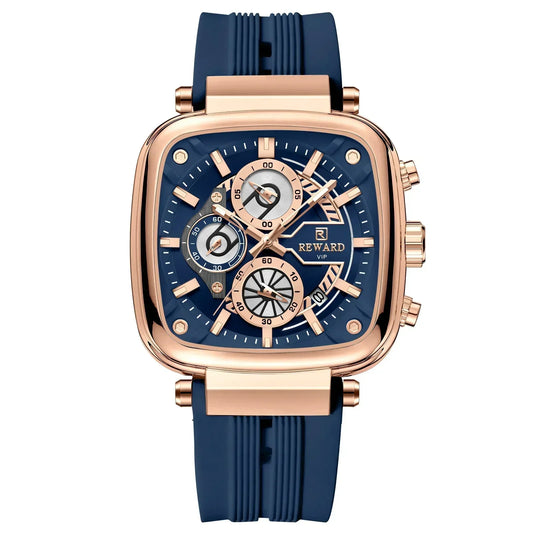 Reward Square Chronograph Blue: rose-gold-tone case, navy blue dial, blue silicone strap