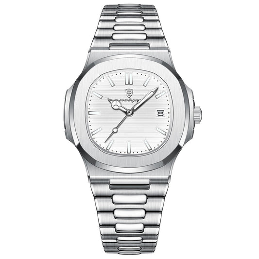 Poedagar Venice Pearl White men's watch with white ribbed dial and steel bracelet