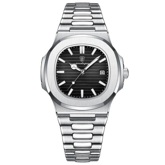 Poedagar Venice Black men's watch with black ribbed dial and steel bracelet