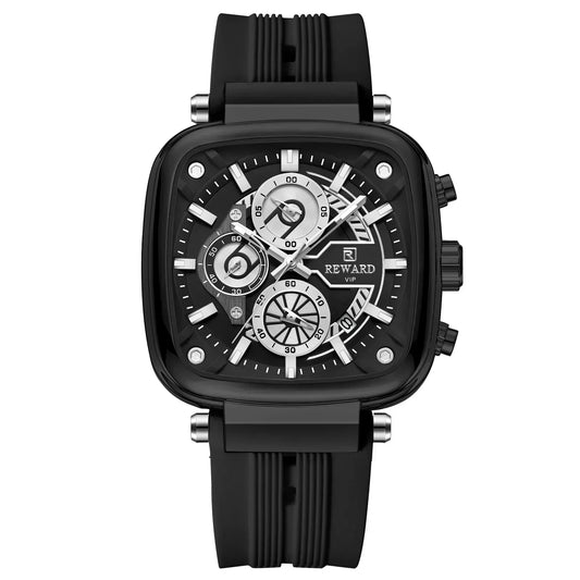 Reward Square Chronograph Black: matte black case, black dial, black silicone strap