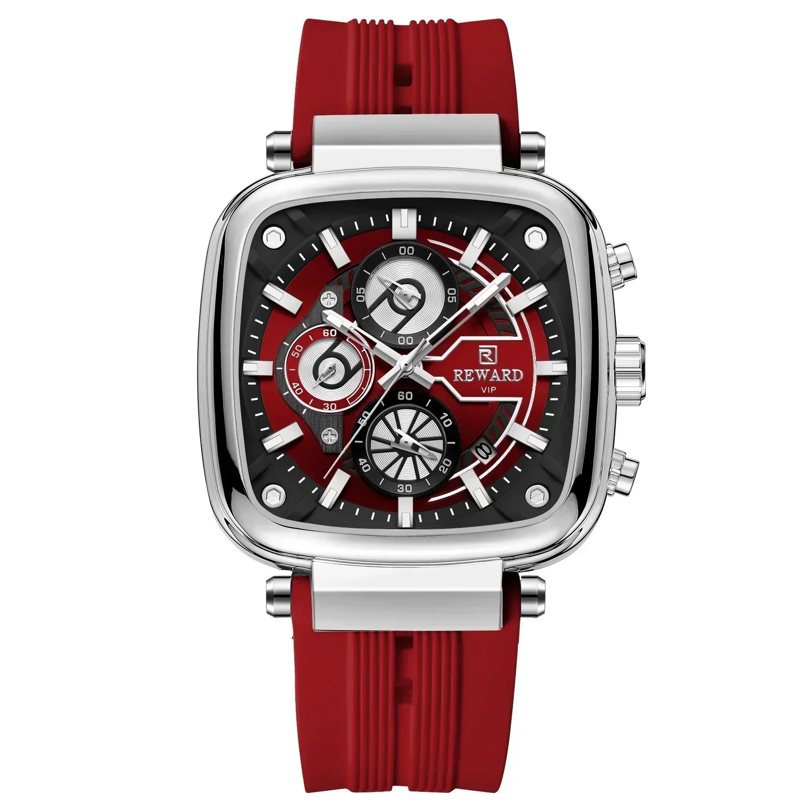 Reward Square Chronograph Red: polished silver-tone case, red and black dial, red silicone strap