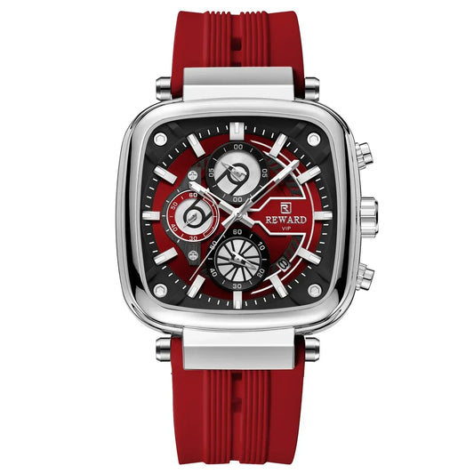 Reward Square Chronograph Red: polished silver-tone case, red and black dial, red silicone strap
