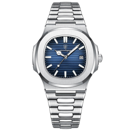 Poedagar Venice Navy Blue men's watch with navy blue ribbed dial and steel bracelet