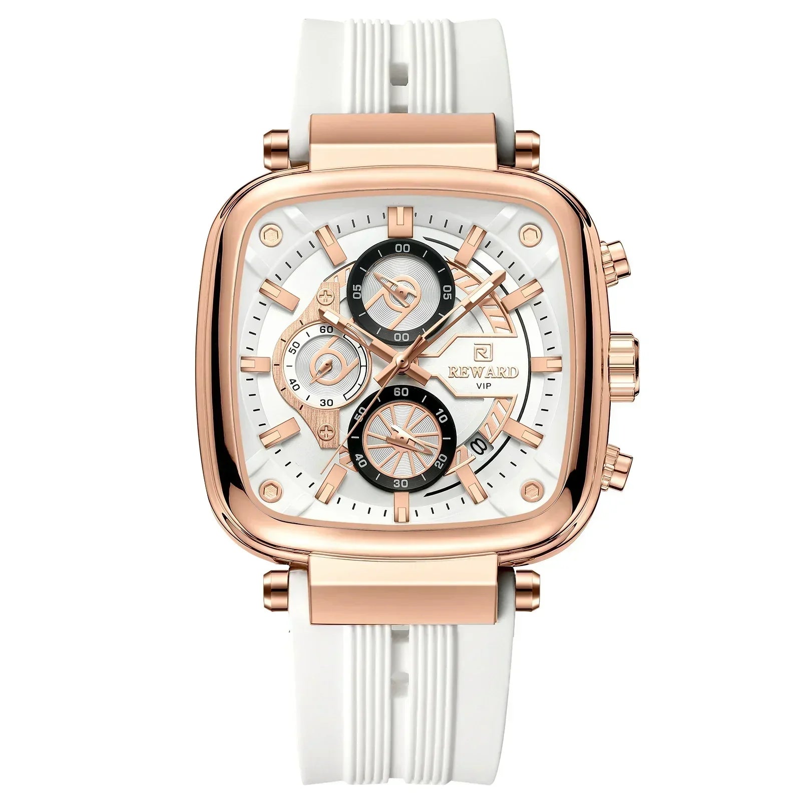 Reward Square Chronograph White: rose-gold-tone case, white dial, white silicone strap