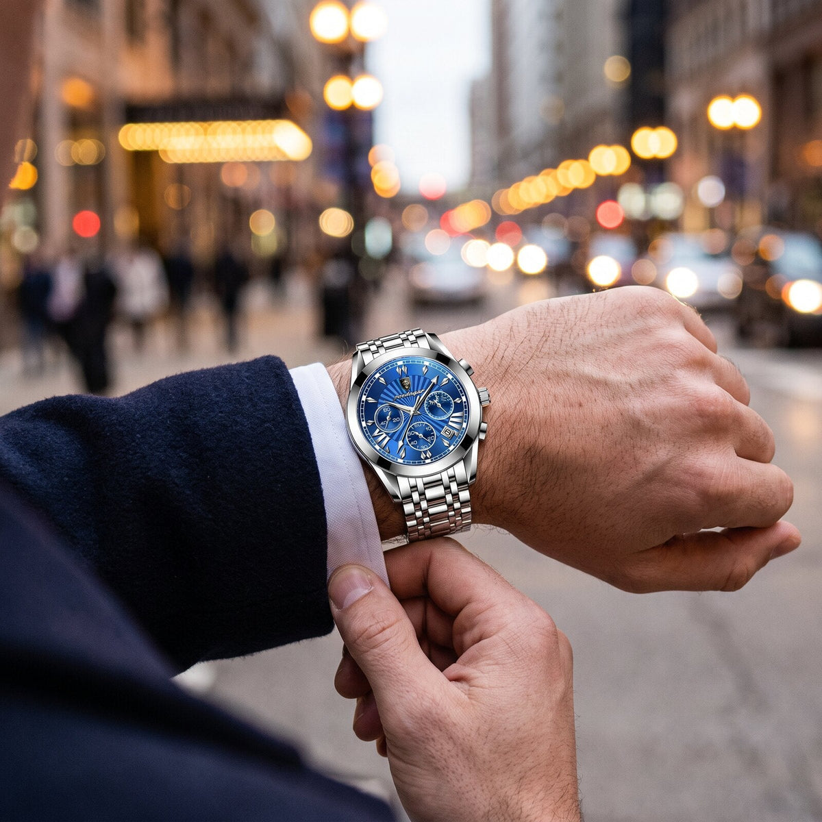 Poedagar Elite Empyrean aqua on the wrist, checking the time in a city street