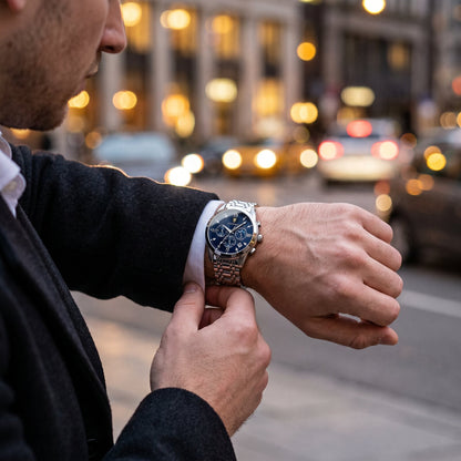 Poedagar Elite Empyrean blue on the wrist, checking the time in a city street