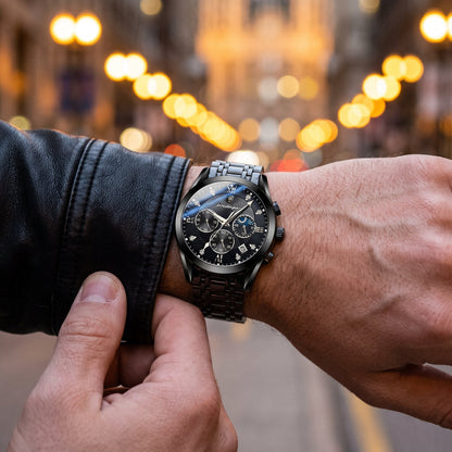 Poedagar Elite Empyrean dark on the wrist, checking the time in a city street