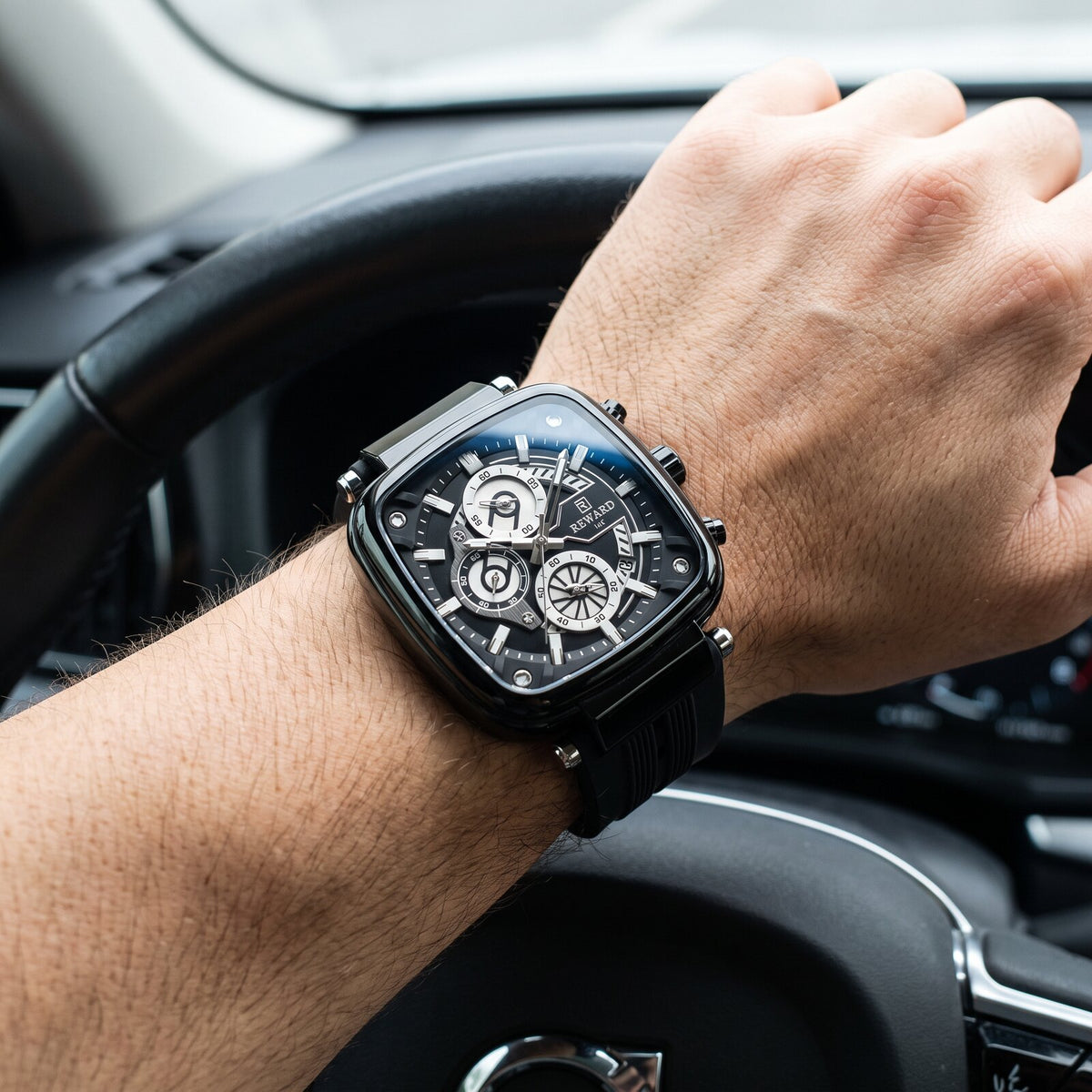 Reward Square Chronograph black on wrist car