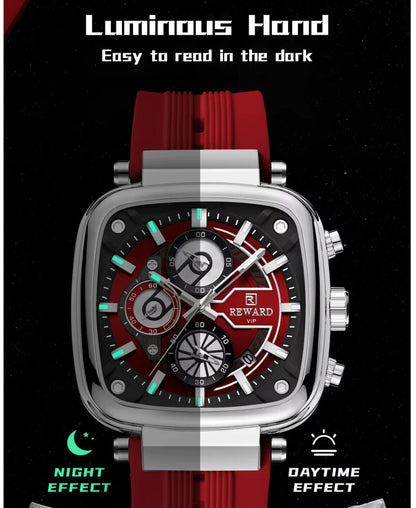 Reward Square Chronograph red luminous night day