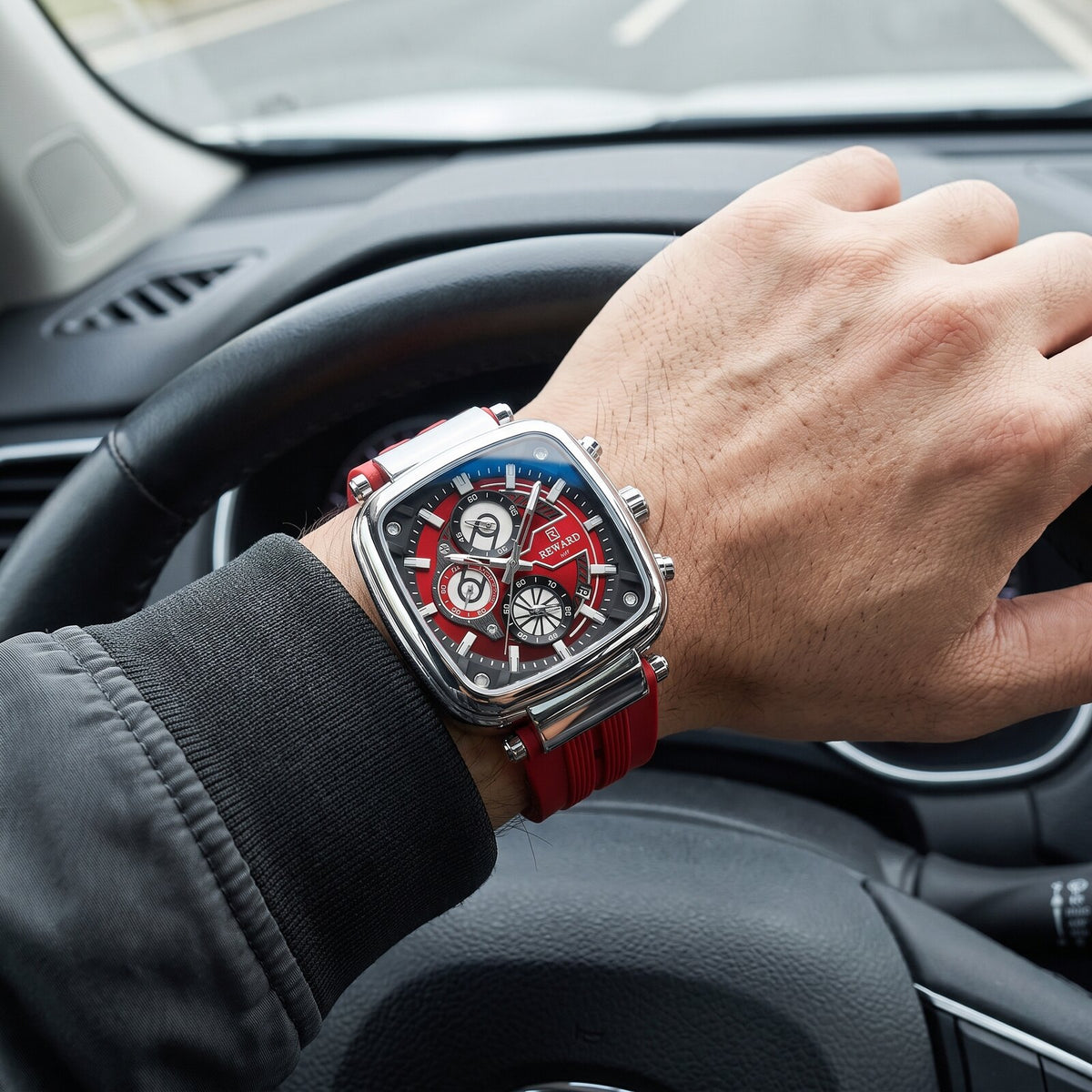 Reward Square Chronograph red on wrist car