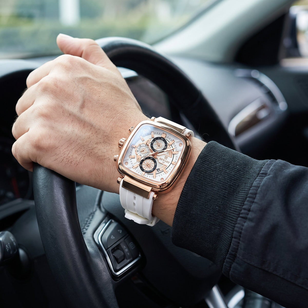 Reward Square Chronograph white on wrist car
